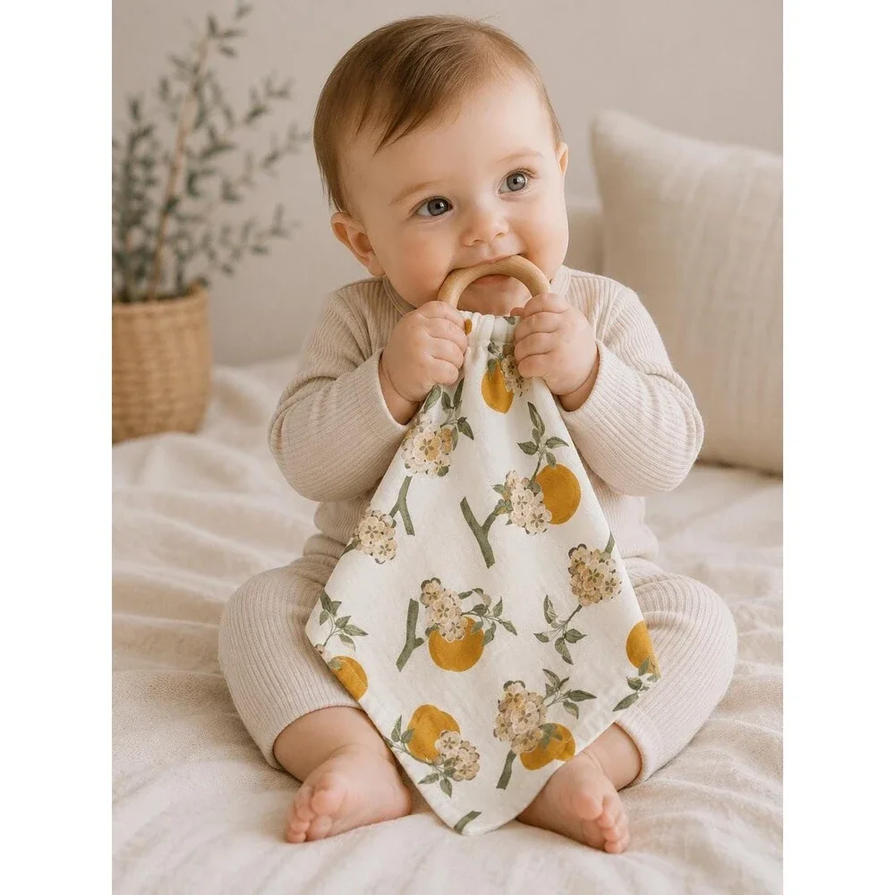 Organic Lovey With Wooden Ring | Natural Teething Blanket | Modern Peaches Baby